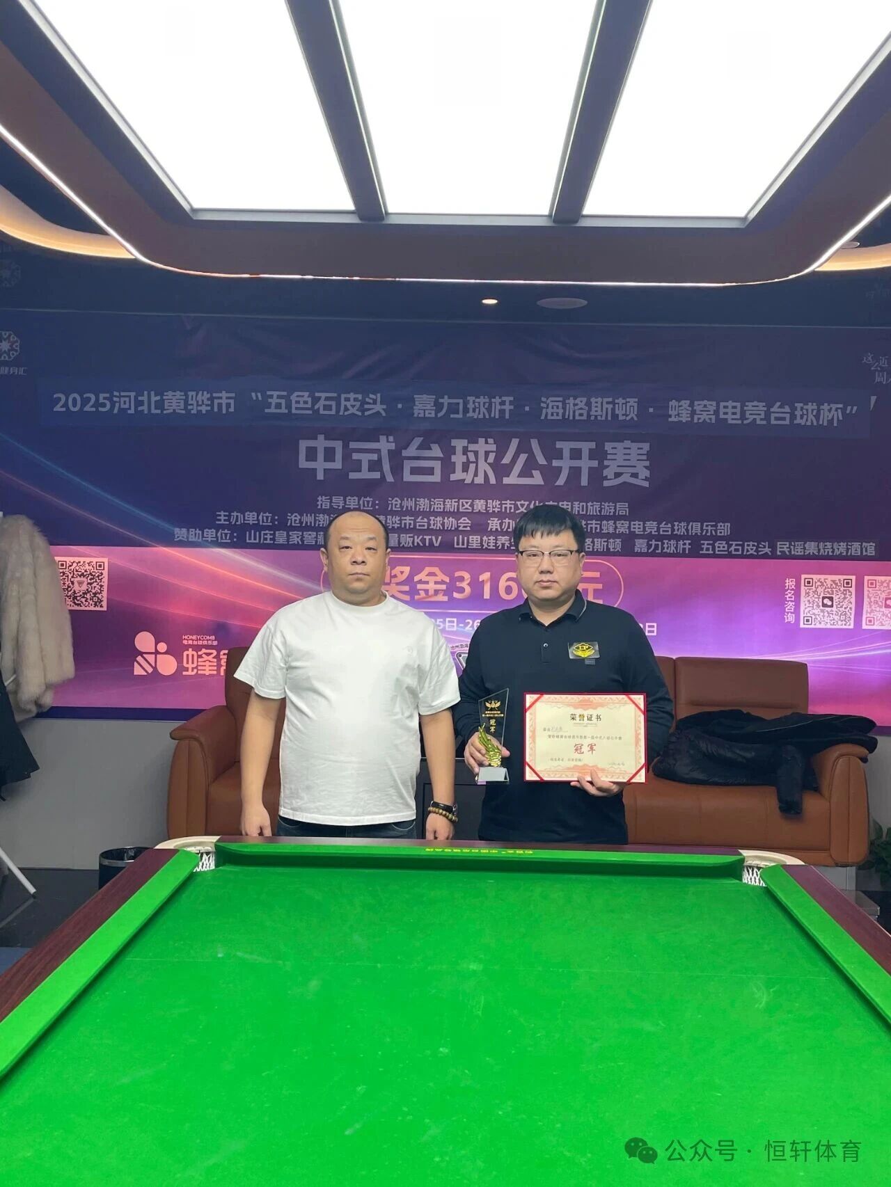 捷报 | 祝贺LP球员 刘在磊 荣获河北省黄骅市蜂窝电竞台球杯中式台球公开赛 冠军